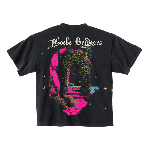 Black t-shirt with colorful graphic design on back