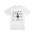 White unisex tee featuring illustrated front artwork of a woman surrounded by ghostly figures, inspired by Phoebe Bridgers. 
