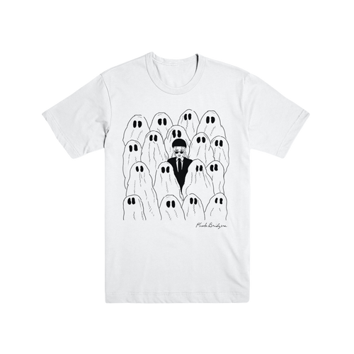 White unisex tee featuring illustrated front artwork of a woman surrounded by ghostly figures, inspired by Phoebe Bridgers. 