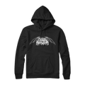 Black hoodie with white graphic design of 'Phoebe Bridgers' metal logo with wings. 