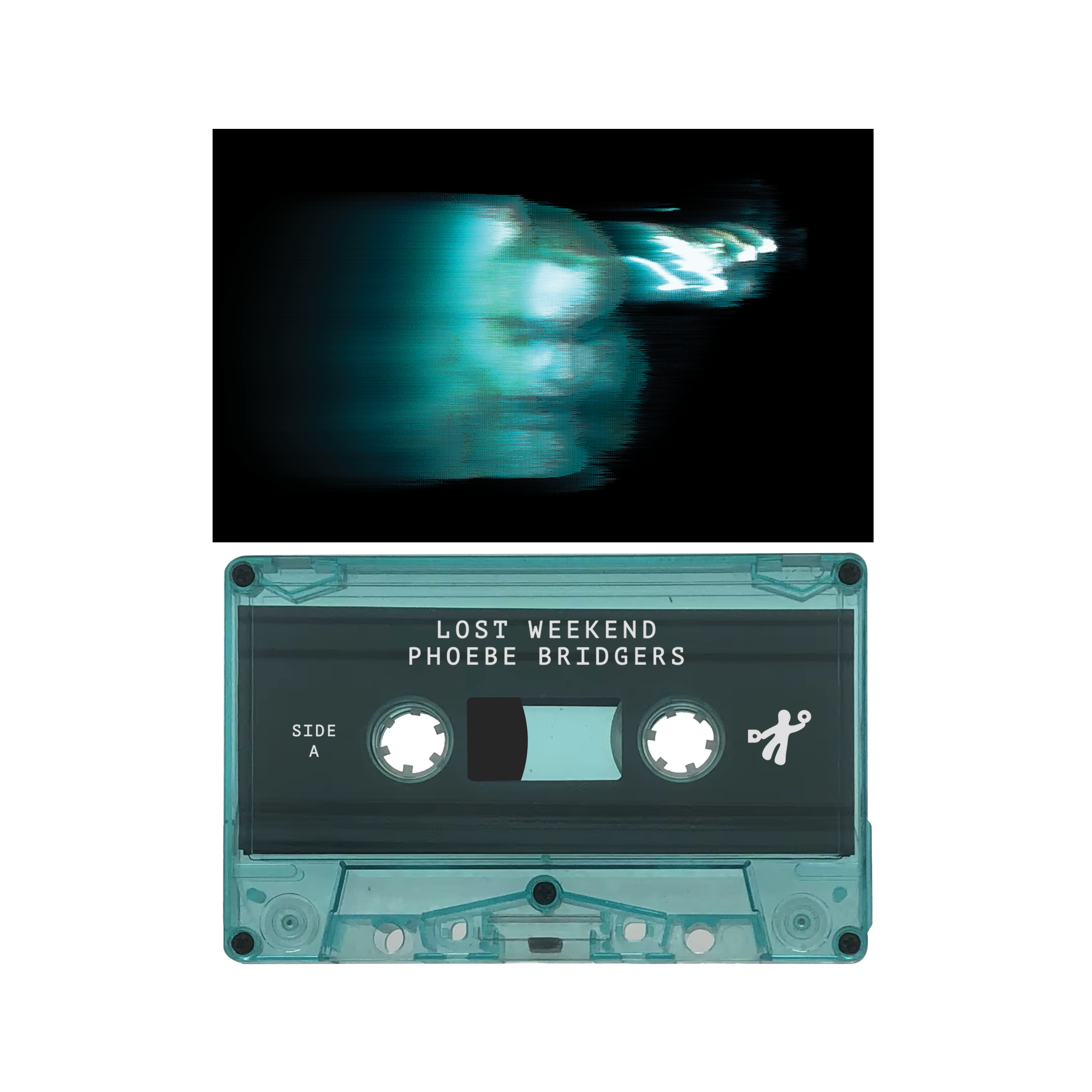 Teal cassette tape with 'Lost Weekend Phoebe Bridgers'