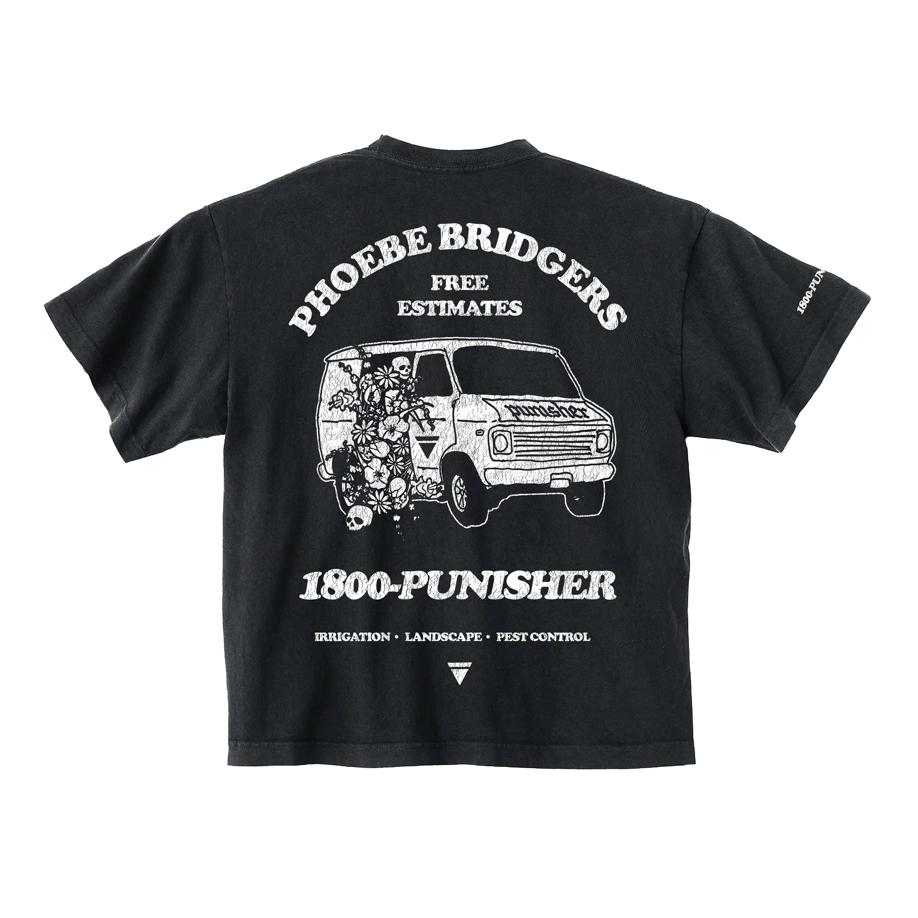 The back of a Black t-shirt with white graphic design of a van with flowers pouring out and Phoebe Bridgers, free estimates, and 1800-Punisher in white text.  