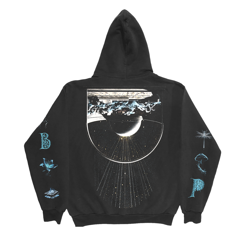 Black hoodie with space-themed design on back