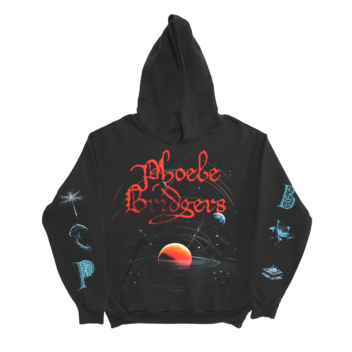 The front of a Black hoodie with space-themed design with "Phoebe Bridgers" in red across the chest. 
